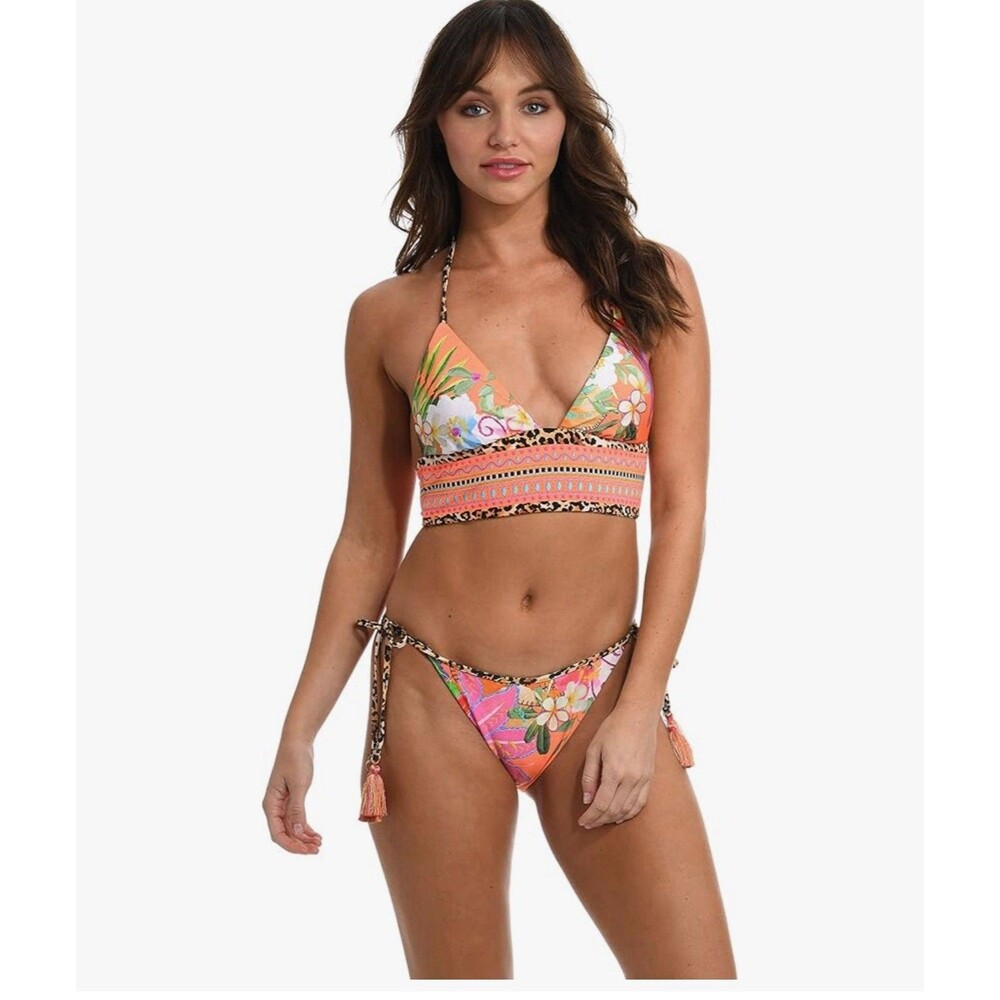 Sunshine 79 Triangle Halter Bikini top Swimsuit SZ 2 leopard floral REVERSIBLE